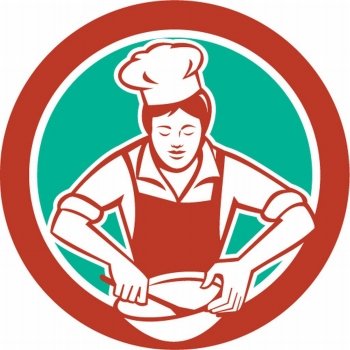 Illustration of a female chef with hat holding spatula and mixing bowl mixing viewed from the front set inside circle on isolated background done in retro style. . Female Chef Mixing Bowl Circle Retro