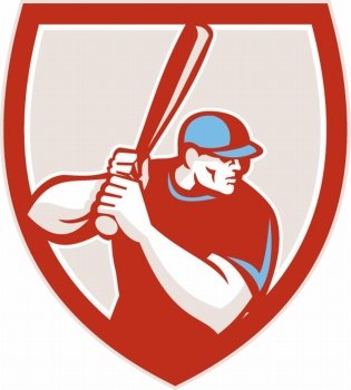 Illustration of a american baseball player batter hitter looking to the side holding bat ready to strike set inside shield crest on isolated background done in retro style.. Baseball Player Batter Hitter Shield Retro