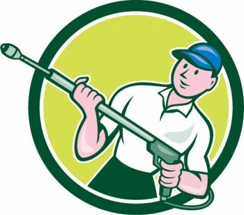 Illustration of a male pressure washing cleaner worker holding a water blaster viewed from front set inside circle shape on isolated background done in cartoon style. . Pressure Washer Water Blaster Circle Cartoon