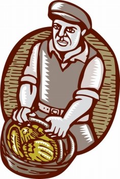 Illustration of an organic farmer carrying basket of harvest crop of vegetables done in retro woodcut linocut style. . Organic Farmer Harvest Basket Woodcut Linocut