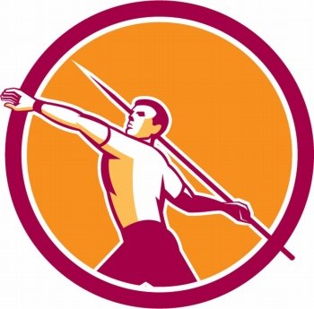 Illustration of a track and field athlete javelin throw viewed from the side set inside  circle on isolated background done in retro style.. Javelin Throw Track and Field Athlete Circle