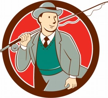 Illustration of a vintage fly fisherman tourist wearing bowler hat and vest with fly rod and reel set inside circle done in cartoon style .. Vintage Fly Fisherman Bowler Hat Cartoon