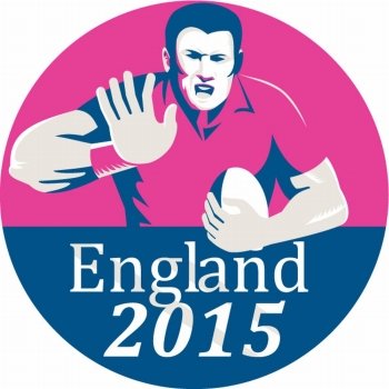 Illustration of rugby union player with ball fending set inside circle with words England 2015 done in retro style.