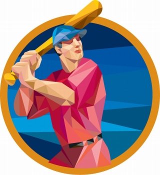 Low polygon style illustration of an american baseball player batter hitter holding bat batting set inside circle on isolated background.. Baseball Batter Batting Bat Circle Low Polygon