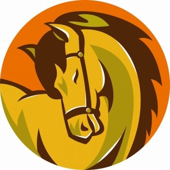 vector illustration of a horse stallion head facing side set inside circle done in retro style.