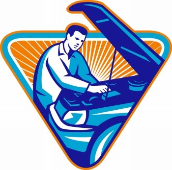 Illustration of an auto automobile mechanic repairing car engine with hood open set inside triangle done in retro style.