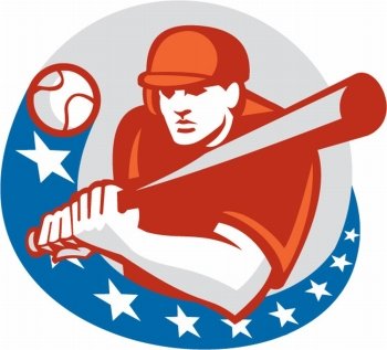 Illustration of a american baseball player batter hitter holding bat ready to strike set inside circle with stars on isolated background done in retro style.. Baseball Player Batter Stars Circle Retro