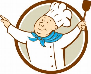 Illustration of a chef cook baker with arms out holding spatula looking up to the side set inside circle on isolated background done in cartoon style. . Chef Cook Arms Out Spatula Circle Cartoon 