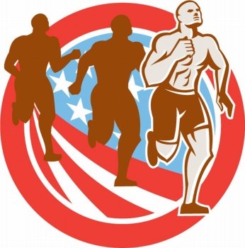 Illustration of an American crossfit marathon runners running facing front set inside circle with stars and stripes flag done in retro style on isolated white background. American Crossfit Runners USA Flag Circle Retro 