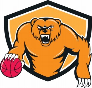 Illustration of a grizzly bear angry growling dribbling basketball viewed from front set inside shield crest on isolated background done in cartoon style. . Grizzly Bear Angry Dribbling Basketball Shield Cartoon