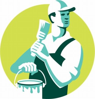 Illustration of a house painter with hat holding paintbrush and can of paint looking to the side set inside circle on isolated background done in retro style. . House Painter Paintbrush Paint Circle Retro