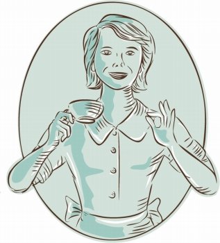 Etching engraving handmade style illustration of a housewife homemaker holding cup drinking cup of coffee viewed from front set inside oval shape on isolated background. . Housewife Drinking Cup of Coffee Etching