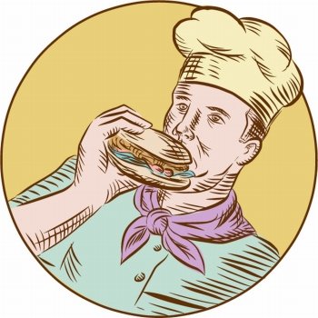 Etching engraving handmade style illustration of a chef cook baker eating burger looking to the side set inside circle. . Chef Cook Eating Burger Etching 