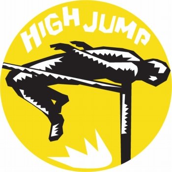 Illustration of a track and field athlete jumping high jump set inside circle with the word High Jump in the background done in retro woodcut style.