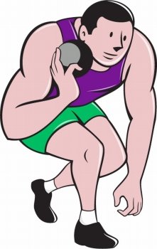 Illustration of a track and field shot put athlete ready to throw ball viewed from front done in cartoon style.. Shot Put Track and Field Athlete Cartoon