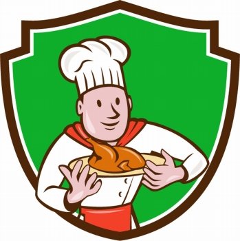 Illustration of a chef cook holding dish with roast chicken set inside shield crest on isolated background done in cartoon style. . Chef Cook Roast Chicken Dish Crest Cartoon