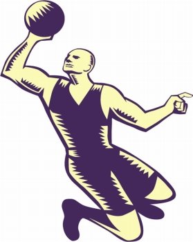 Illustration of a basketball player dunking ball viewed from front set on isolated white background done in retro woodcut style. . Basketball Player Dunk Ball Woodcut