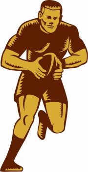 Illustration of a rugby player with ball running viewed from front set on isolated white background done in retro woodcut style.. Rugby Player Running Ball Woodcut