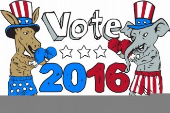 Illustration of a democrat donkey boxer mascot and republican elephant boxer mascot wearing gloves and hat with stars and stripes design facing each other in a fighting stance pose with the words Vote 2016 done in cartoon style. . Vote 2016 Donkey Boxer and Elephant Mascot Cartoon