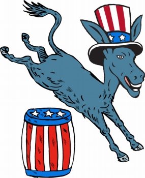 Illustration of a democrat donkey mascot of the democratic grand old party gop wearing hat jumping over barrel with stars and stripes design set on isolated white background done in cartoon style. . Democrat Donkey Mascot Jumping Over Barrel Cartoon