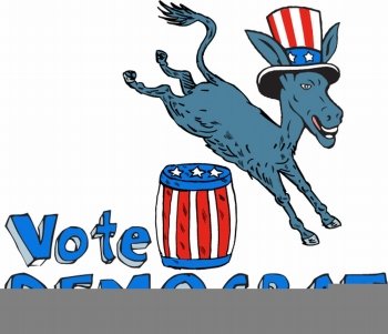 Illustration of a democrat donkey mascot of the democratic grand old party gop wearing hat jumping over barrel with stars and stripes design set on isolated white background done in cartoon style. . Vote Democrat Donkey Mascot Jumping Over Barrel Cartoon