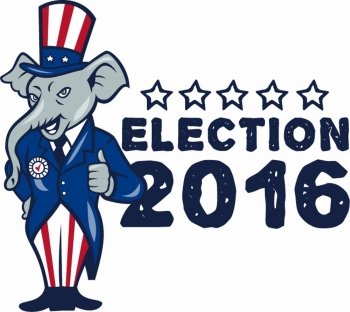 Illustration of a republican elephant mascot of the republican party standing wearing hat and suit thumbs set on isolated white background done in cartoon style with words Election 2016.. US Election 2016 Republican Mascot Thumbs Up Cartoon