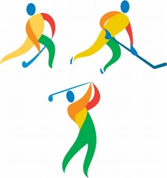 Icon illustration showing athlete playing the sport of field hockey, ice hockey and golf.