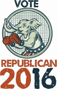 Etching engraving handmade style illustration of an American Republican GOP elephant boxer mascot boxing with boxing gloves wearing USA stars and stripes flag shorts viewed from side with words Vote Republican 2016.. Vote Republican 2016 Elephant Boxer Etching