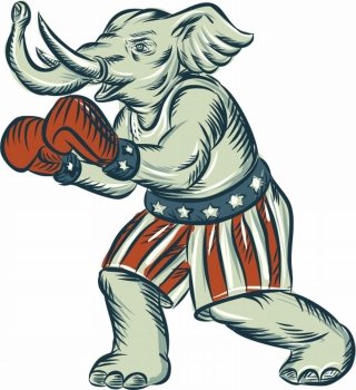 Etching engraving handmade style illustration of an American Republican GOP elephant boxer mascot boxing with boxing gloves wearing USA stars and stripes flag shorts viewed from side set on isolated white background. . Republican Elephant Boxer Mascot Isolated Etching