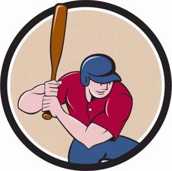 Illustration of an american baseball player batter hitter with bat batting viewed from high angle set inside circle done in cartoon style isolated on background.. Baseball Player Batting Circle Cartoon