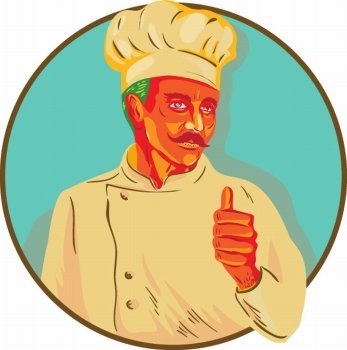 WPA style illustration of a chef with mustache doing a thumbs up viewed from the front set inside circle. . Chef With Mustache Thumbs Up Circle WPA