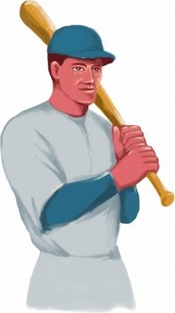 Watercolor style illustration of a vintage american baseball player batter hitter holding bat on shoulder set on isolated white background. . Vintage Baseball Player Bat Watercolor
