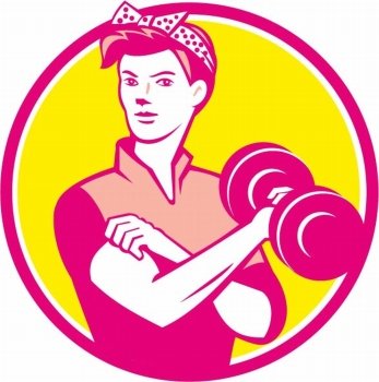 Illustration of a vintage female wearing polka dot headband workout lifting dumbbell facing front set inside circle done in retro style.. Vintage Woman Lifting Dumbbell Circle Retro