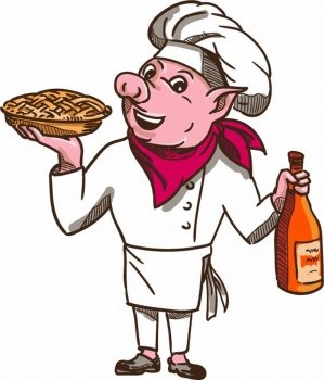 Illustration of a pig chef cook holding a pie and bottle of wine wearing scarf and apron viewed from front set on isolated white background done in cartoon style. . Pig Cook Pie Wine Bottle Cartoon