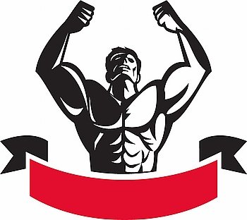Illustration of a male body builder flexing muscles looking up viewed from front set on isolated white background with banner done in retro style. . Body Builder Flexing Muscles Banner Retro