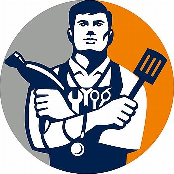 Illustration of a jack of all trades holding a blow dryer and spatula, with stethoscope on neck and spanner and barber scissors in apron facing front set inside circle on isolated background done in retro style.