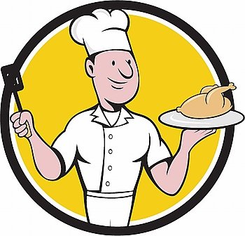 Illustration of a chef cook serving roast chicken on a platter on one hand and holding a spatula on the other hand viewed from front set inside circle  on isolated background done in cartoon style. . Chef Cook Roast Chicken Spatula Circle Cartoon