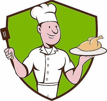 Illustration of a chef cook serving roast chicken on a platter on one hand and holding a spatula on the other hand viewed from front set inside shield crest on isolated background done in cartoon style. . Chef Cook Roast Chicken Spatula Crest Cartoon