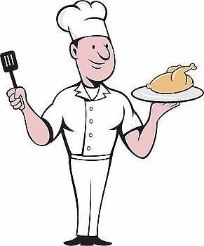 Illustration of a chef cook standing serving roast chicken on a platter on one hand and holding a spatula on the other hand viewed from front set on isolated white background done in cartoon style. . Chef Cook Roast Chicken Spatula Cartoon