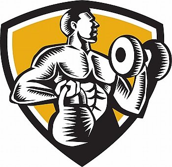 Illustration of an athlete weightlifter lifting kettlebell with one hand and pumping dumbbell on the other hand facing side set inside shield crest on isolated background done in retro woodcut style.. Athlete Lifting Kettlebell Dumbbell Crest Woodcut