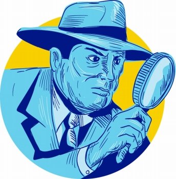 Drawing sketch style illustration of a detective policeman police officer holding magnifying glass set inside circle on isolated background. . Detective Holding Magnifying Glass Circle Drawing