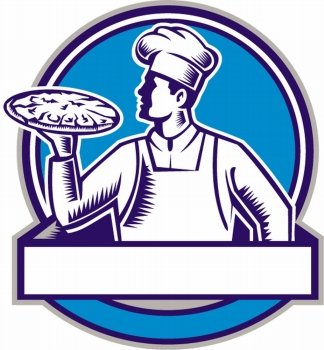 Illustration of a pizza chef baker holding serving pizza looking to the side set inside circle on isolated background done in retro woodcut style. . Pizza Chef Serving Pizza Circle Woodcut