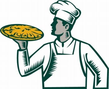 Illustration of a pizza chef baker holding pizza looking to the side set on isolated white background done in retro woodcut style. . Pizza Chef Holding Pizza Woodcut