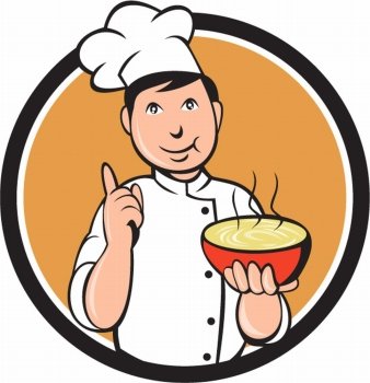 Illustration of an asian chef holding a bowl of noode and doing the number one sign with the other hand viewed from front set inside circle on isolated background done in cartoon style. . Asian Chef Noodle Bowl Circle Cartoon
