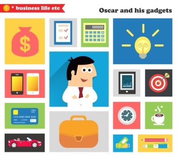 Business life. Business gadgets and stuff for everyday work in the office vector illustration