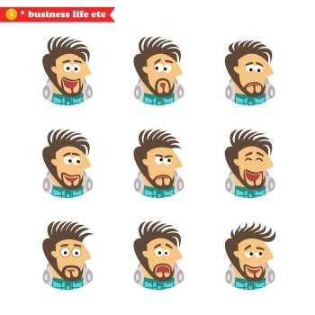 Business life. Software engineer facial emotions, isolated icons set vector illustration