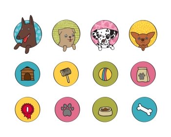 Dogs icons set of pets booth food and bone isolated vector illustration