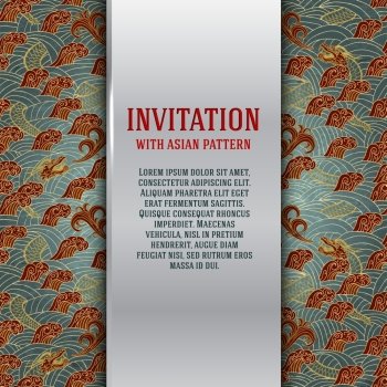Asian invitation card with dragons and waves vector illustration