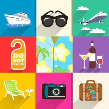 Aloha shirt. Travel and vacation icons set with sunglasses yacht and beach chair vector illustration
