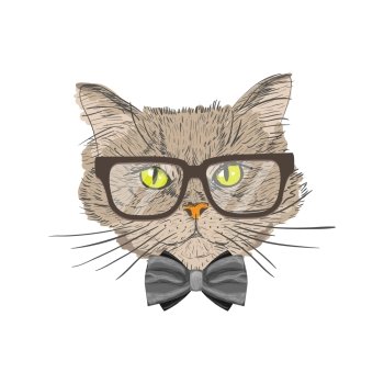 Portrait of a cat with bow tie and glasses hipster with look isolated vector illustration
